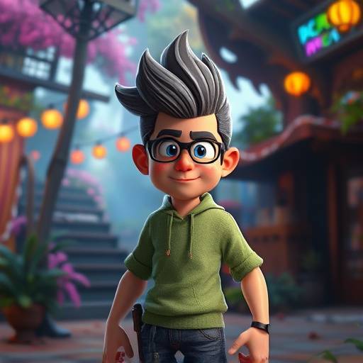 A 3D animation rendering showing a character in a stylized environment.