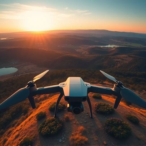 A drone capturing aerial footage of a scenic landscape.