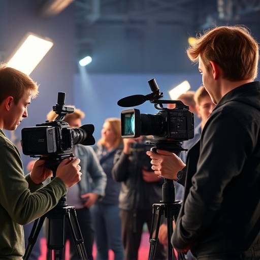 A professional film crew in action, filming a scene with high-quality cameras and lighting equipment.