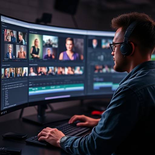 A video editor working on a complex editing timeline with multiple tracks and visual effects.